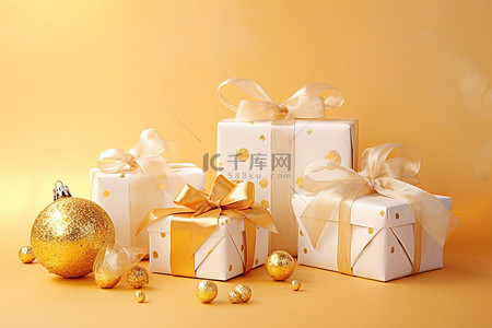 礼物球背景图片_黄色背景上的金色节日礼物，带礼品包装