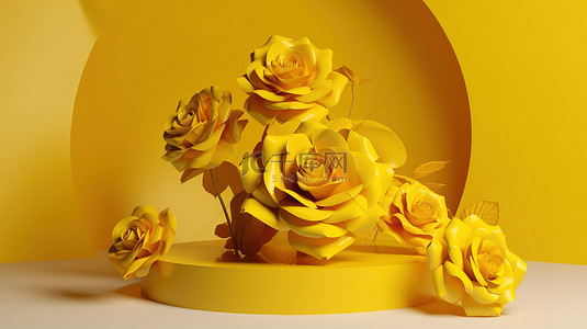 花玫瑰背景图片_情人节讲台和舞台的黄色抽象花玫瑰背景的 3D 渲染设计