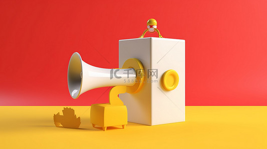 黄色背景的 3D 渲染，带有白色礼品盒和红色复古扩音器