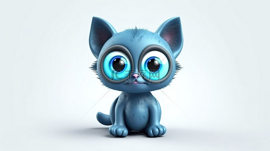 小图卡通背景图片_3D 艺术中可爱的蓝色猫科动物，有着迷人的眼睛