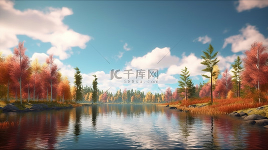 充满阳光背景图片_充满活力的秋季湖景，色彩缤纷的树木和云彩以 3D 渲染