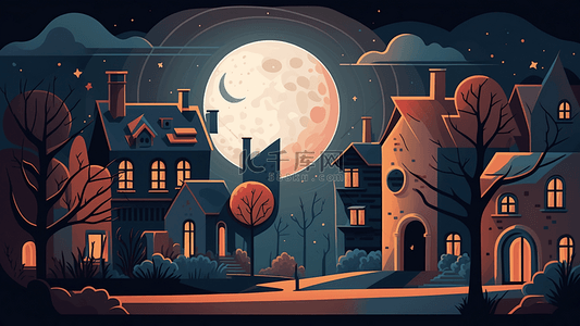 冬天房子背景背景图片_月亮夜晚小镇扁平风格插画背景