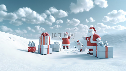 圣诞快乐背景图片_3d 渲染圣诞老人的节日礼物赠送盛宴