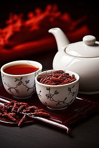银耳枸杞汤背景图片_优雅茶壶中的枸杞茶