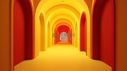 带拱形人行道的黄色走廊 3D 渲染