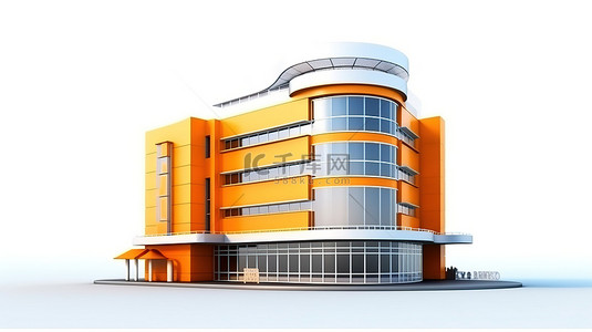 实景学校建筑背景图片_白色背景街道旁一座充满活力的橙色现代酒店建筑的 3D 渲染
