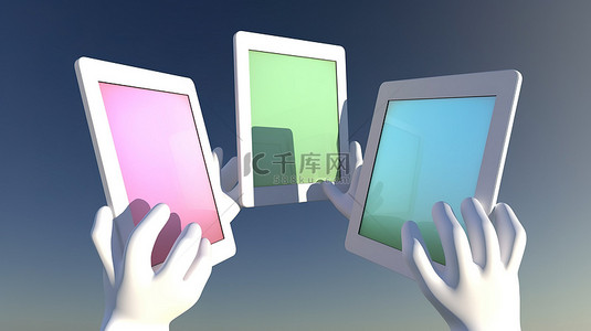 手掌的手势背景图片_3D 渲染中带袖子的卡通手拿着横向模式的平板电脑