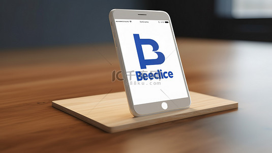 版本背景图片_通过 3D 智能手机渲染在木质桌面白屏版本上显示 Behance 应用程序徽标