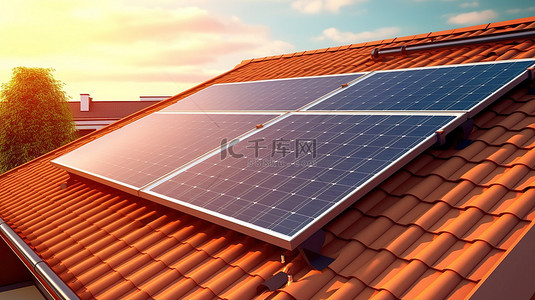 科技生态背景图片_3d 插图太阳能电池板安装在屋顶上