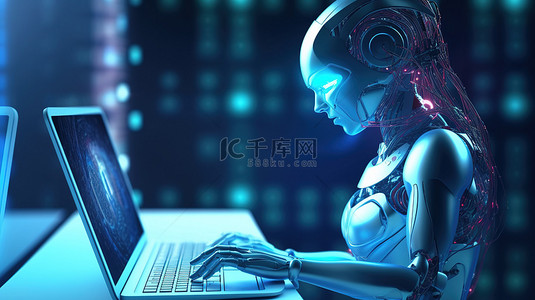 在台式计算机上工作的女性机器人或机器人说明工作场所的自动化