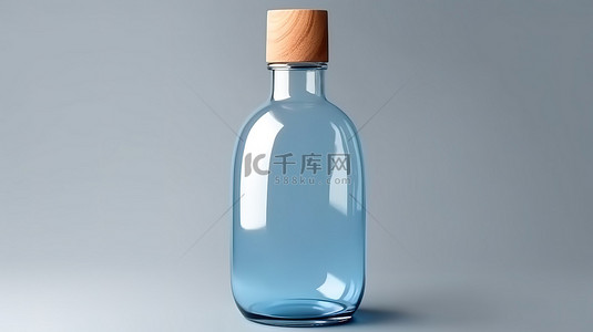 化妆品包装卡片背景图片_3d 创建的白色背景下带有木帽模型的当代蓝色瓶子