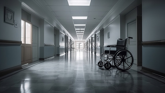 医院房间背景图片_带轮椅和检查室 3D 渲染的怪异医院走廊