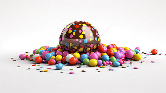 情人节巧克力背景图片_美味的糖果涂层巧克力球的 3D 插图，在孤立的背景上洒满彩色的巧克力球