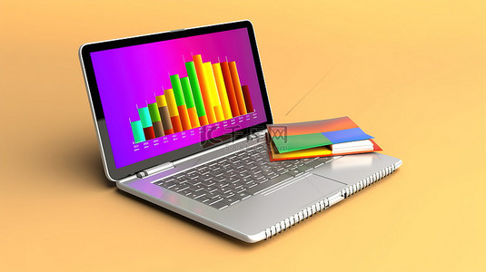 显示图表和文件夹的笔记本电脑的 3D 插图