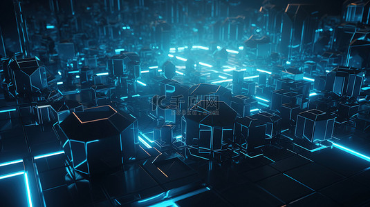 高科技广告的 3d 渲染中的赛博朋克启发了蓝色几何背景