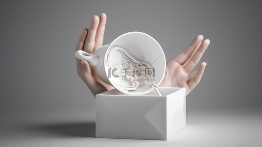 桃色盒子，里面装满白色 3D 物体，手里拿着瓷杯和盘子