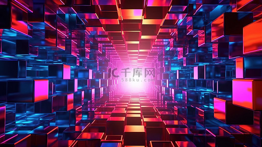 蓝现代背景图片_立方体形式的未来霓虹灯隧道抽象 3D 插图