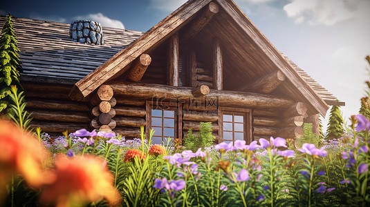 野花前景中小木屋前立面的 3D 插图