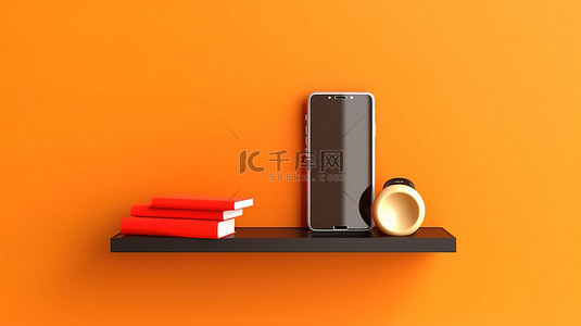 科技办公室背景图片_橙色墙架上带有手机的水平横幅的 3D 插图