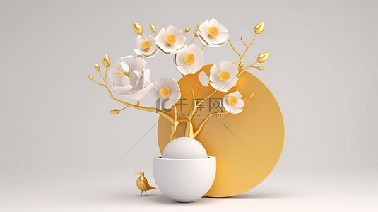 植物树摄影背景图片_白色复活节彩蛋，花瓶里有鲜花 3d 渲染