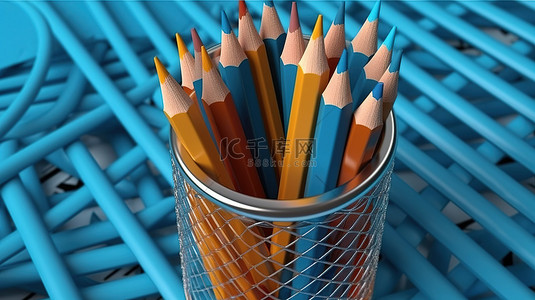 3D 笼子里的文具插图蓝色铅笔彩色墨水笔普通铅笔和学校笔记本