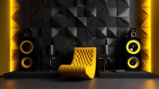 现代室内设计中时尚的黑色和黄色扶手椅和扬声器系统 3D 插图