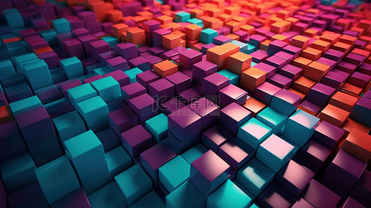 3D 渲染的抽象背景上几何彩色立方体的极端特写