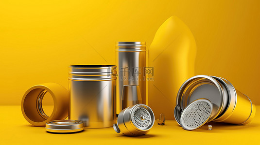 介绍产品背景图片_带有充满活力的黄色背景的 3D 黄色和银色产品展示