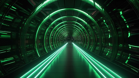 4k 超高清质量 3d 渲染带有镜面墙壁和充满活力的绿灯的运动隧道