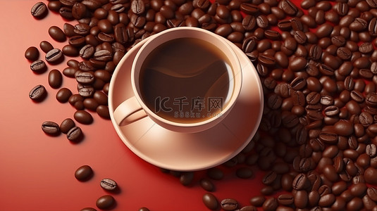 卡咖啡背景图片_一杯咖啡的平躺和逼真的咖啡豆创建 3D 渲染背景