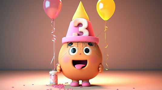 生日背景图片_与可爱的派对角色和帽子一起庆祝三年的欢乐