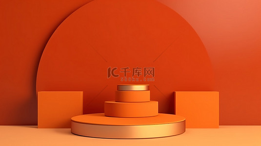 简约金色顶视图产品展示圆柱讲台，亮橙色 3D 摄影背景