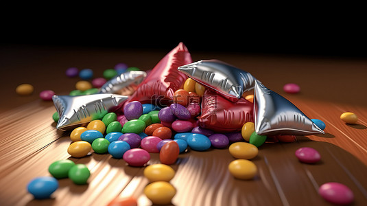 糖果涂层巧克力豆从色彩鲜艳的零食包装中溢出的 3D 插图