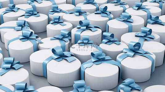 赠送pop背景图片_3D 渲染中饰有蓝丝带的白色礼品盒圆形结构的鸟瞰图