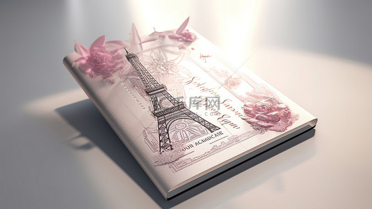 带有装饰元素的旅游主题护照 3D 渲染