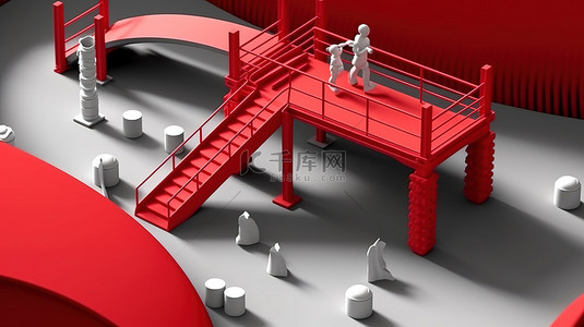 儿童桥的单色等距红色游乐场对象 3D 渲染