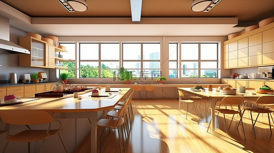 教室环境中厨房家具的 3D 渲染