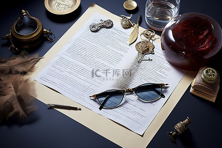 确认版权印章和眼镜的文件