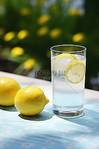 桌上的一个小玻璃杯和新鲜柠檬