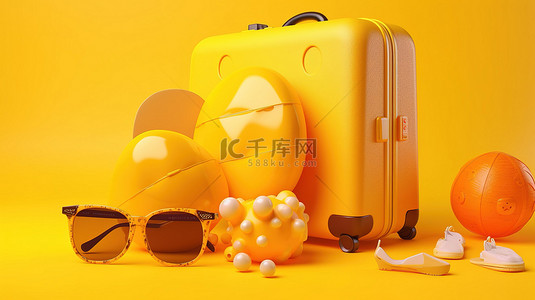 学生背包旅行箱背景图片_充满活力的夏季必需品 黄色背景上旅行箱沙滩球人字拖和太阳镜的 3D 插图