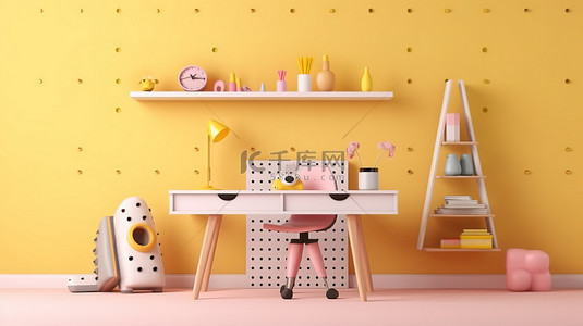 妈妈哄睡孩子背景图片_黄色柔和的儿童房 3D 渲染，配有学习桌文具架和玩具
