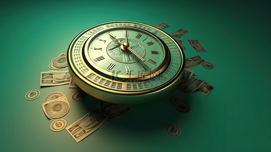 时钟表盘没有指针背景图片_卡通风格圆形时钟和美元硬币插图描绘时间就是金钱的 3D 概念