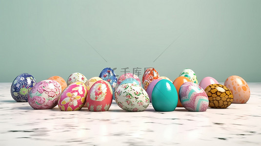 充满活力的复活节庆祝活动 3D 渲染与栩栩如生的装饰鸡蛋