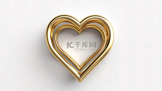 爱情海艺术字体背景图片_白色背景的 3D 插图，带有金色心形框架
