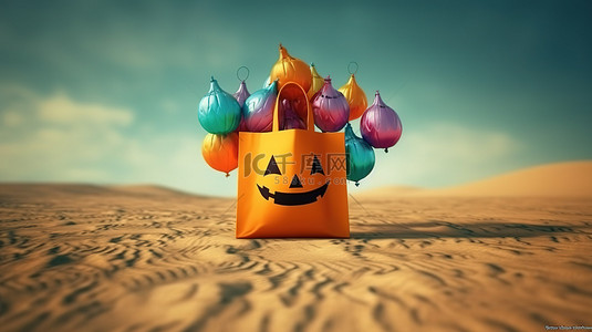 节日万圣节场景传统杰克灯笼购物袋和充满活力的气球在 3D 渲染