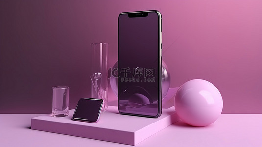 紫色的手机背景图片_具有空白显示隔离框架和逼真的 3D 渲染的简约紫色智能手机模型
