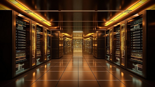 光线昏暗的数据中心中计算机和存储系统的 3D 渲染