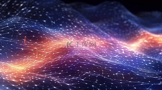 未来派声音粒子流创建抽象发光网格背景 3D 渲染