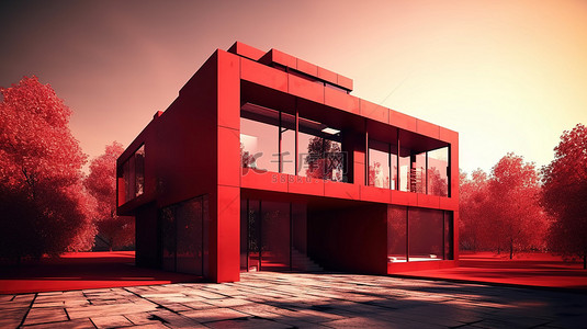 充满活力的红色调的现代住宅通过 3D 渲染变得栩栩如生