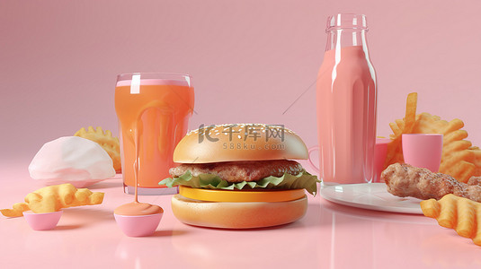 最小的美式早餐模板 3d 呈现汉堡苏打水和粉红色背景的食物